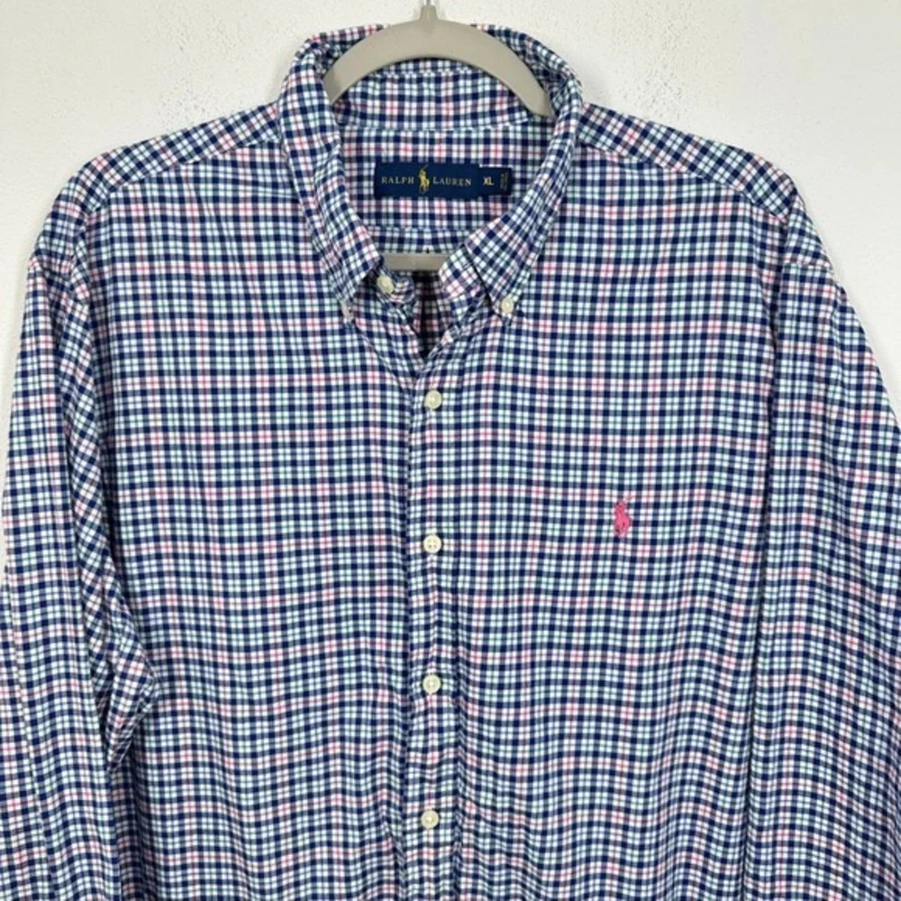 Polo Ralph Lauren Men's XL Blue Pink‎ Gingham Button Down Shirt Preppy Career